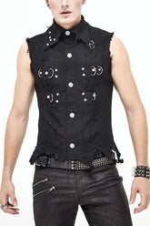 Gilet punk pour homme en métal lourd avec décoration en maille usée noire, ourlet brut à lisière
